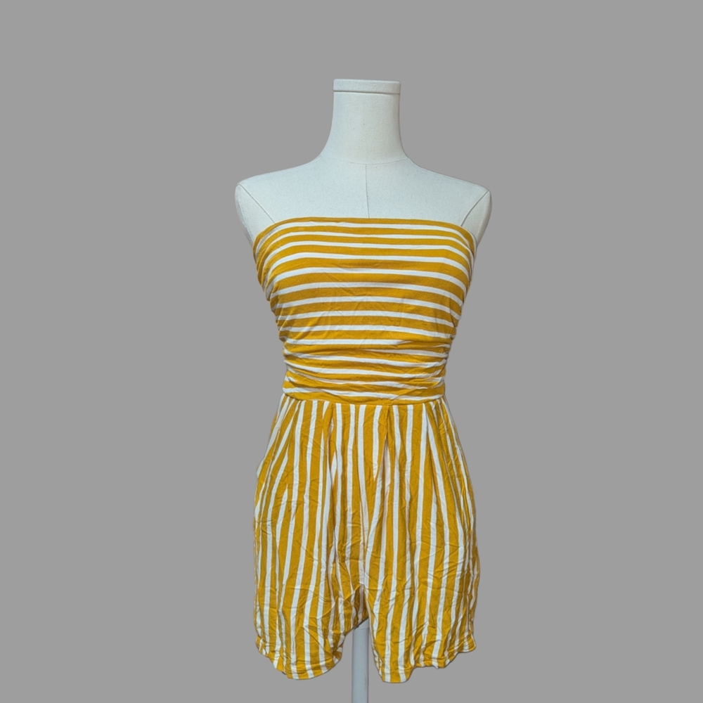 Yellow and White Striped Strapless Dress